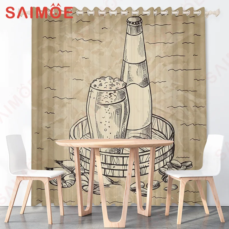 

American Classic Wheat Beer Festival Curtains Custom Wooden Barrels Wine Bottle Thin Polyester Fabric Bar Decorations with Hooks