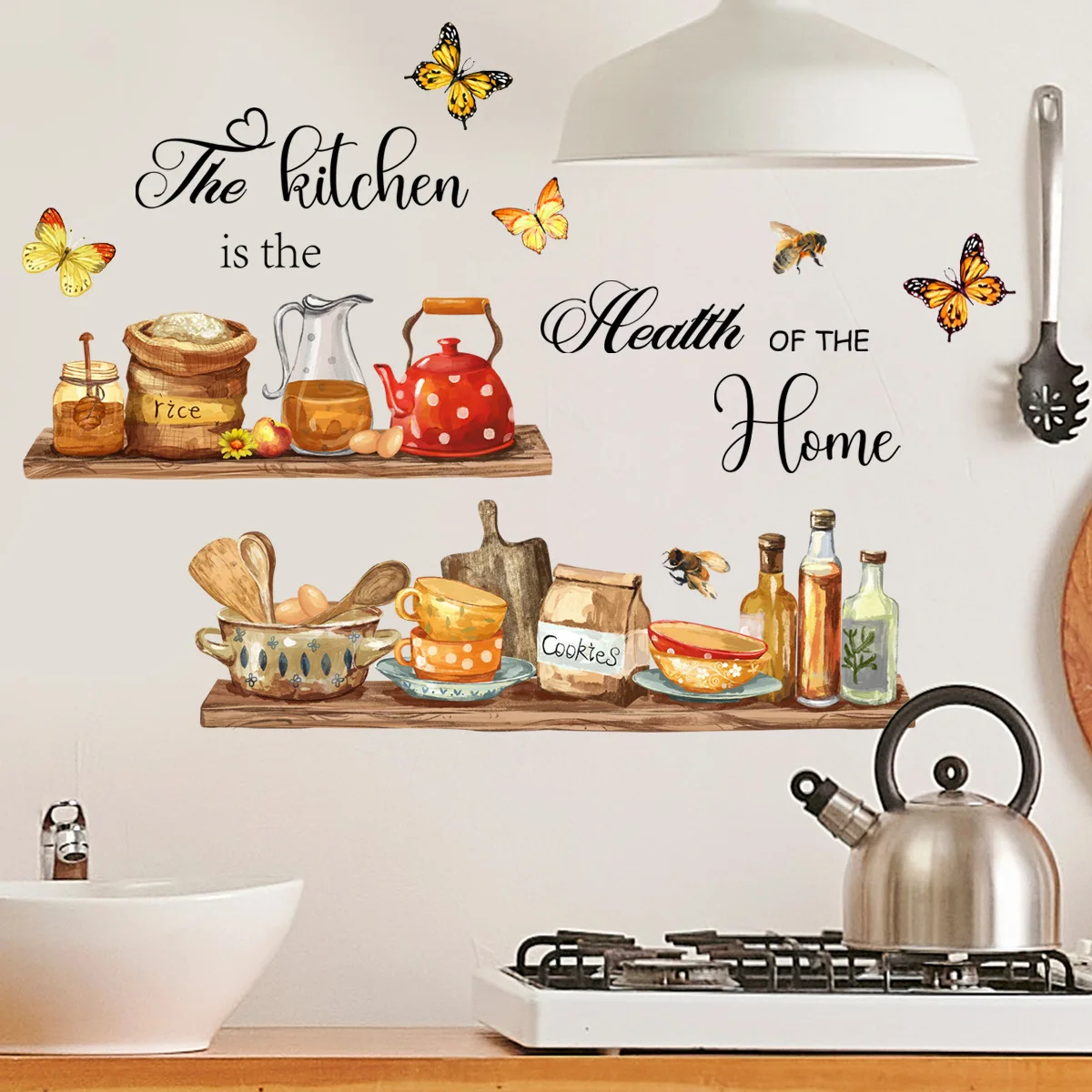 30*90cm Tableware English Kitchen Butterfly Teapot Wall Sticker Living Room Bedroom Home Decoration Mural Wall Sticker  Ms6326