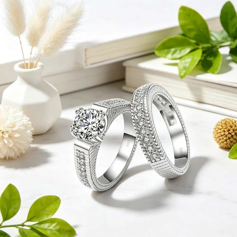 2pcs/set Sparkling AAAA Zircon Rings Set for Women Lady 925 Sterling Silver Engagement Wedding Ring Lover Party Jewelry Gift