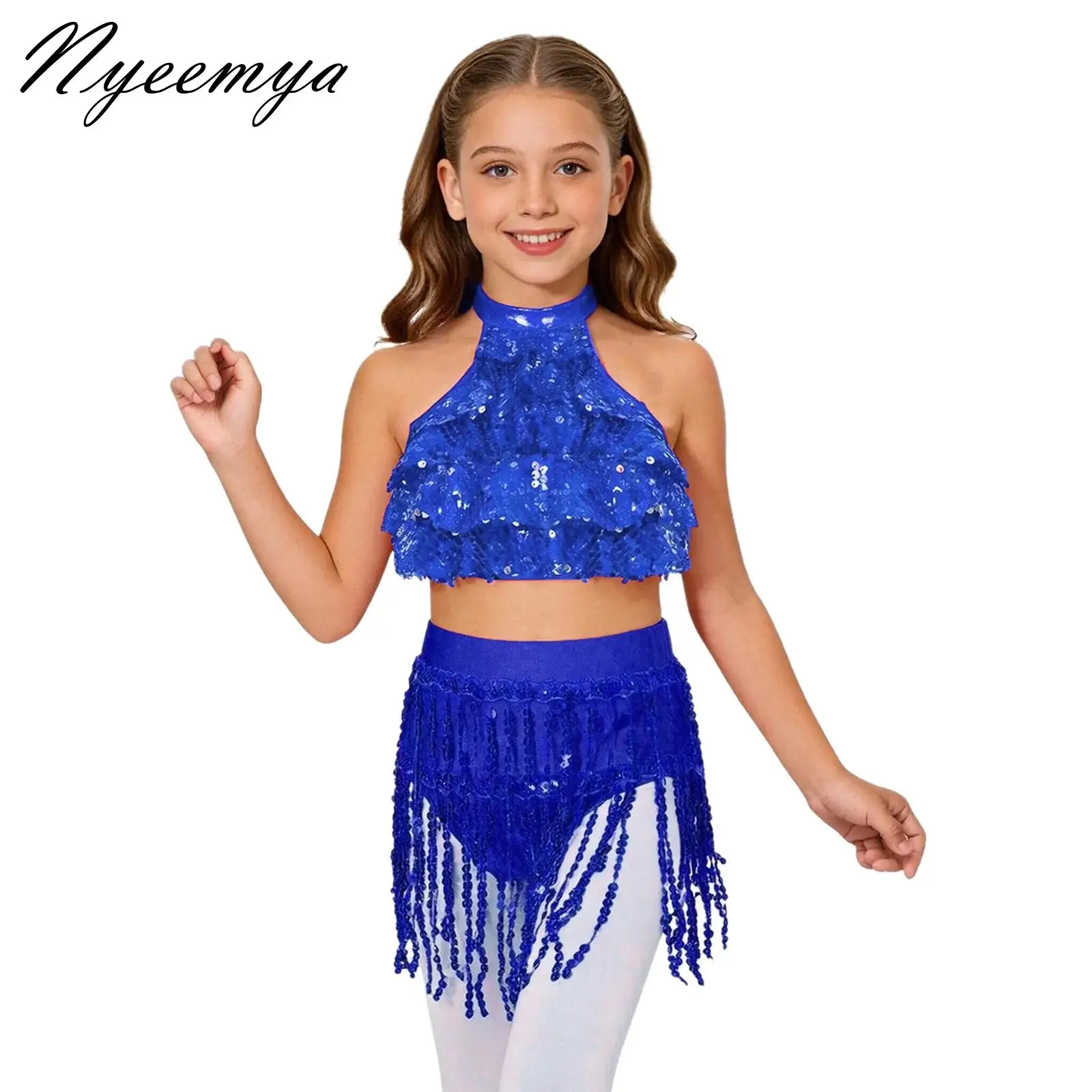 

Kids Girls Jazz Dance Outfit Sleeveless Backless Tiered Sequins Crop Top+Tassel Briefs Skirts Performance Competition Dance Suit