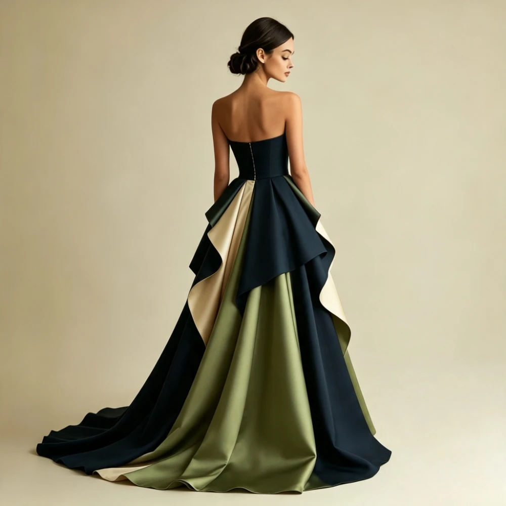 Fashion Contrast Color A-line Floor Length Prom Gowns Customzied Women's Strapless Sleeveless Evening Dress New