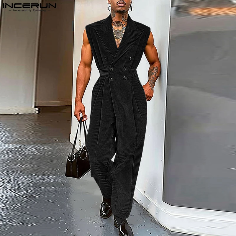 남성 코듀로이 점프 슈트 바지 솔리드 컬러 2025 민소매 옷깃 더블 브레스트 남성 Rompers streetwear 패션 오버올 INCERUN