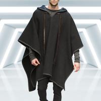 Cool Long Coat Cape Coat Men Coat Extra Loose Geometric Pattern Drawstring Shawl Coat  Patchwork