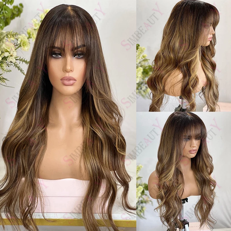 

360 Lace Frontal Wig Brown with Honey Blonde Highlights Bangs Fringe 5X5 Lace Closure Ombre Peruvian Wavy Remy Human Hair Wigs