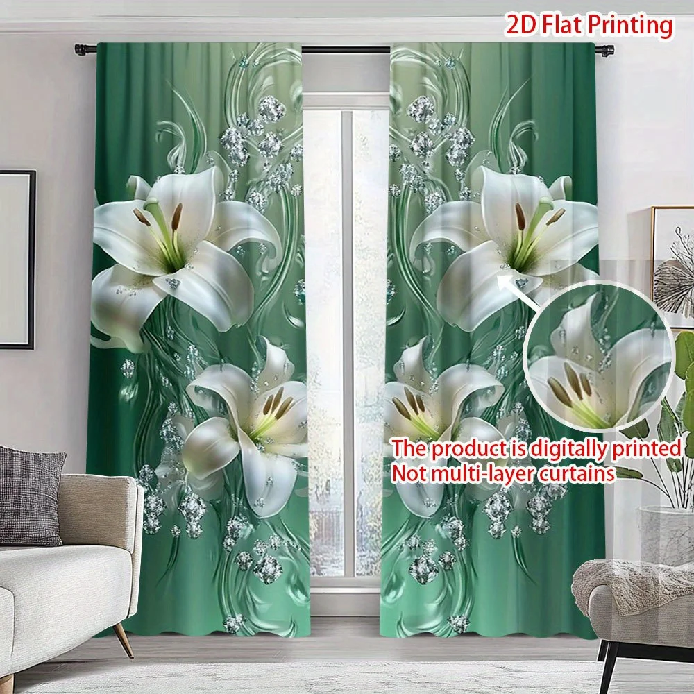 2pcs Everyday Elegant Jade Lily Print Curtains with Rod Pocket – for Bedroom, Kitchen, Office & Living Room