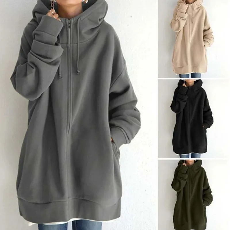 

Women Add Velvet Thick Sweatshirts Autumn Winter Hoody Tie Collar Long Sleeve Loose Long Hoodie Coats Outwear RFER-FR9630