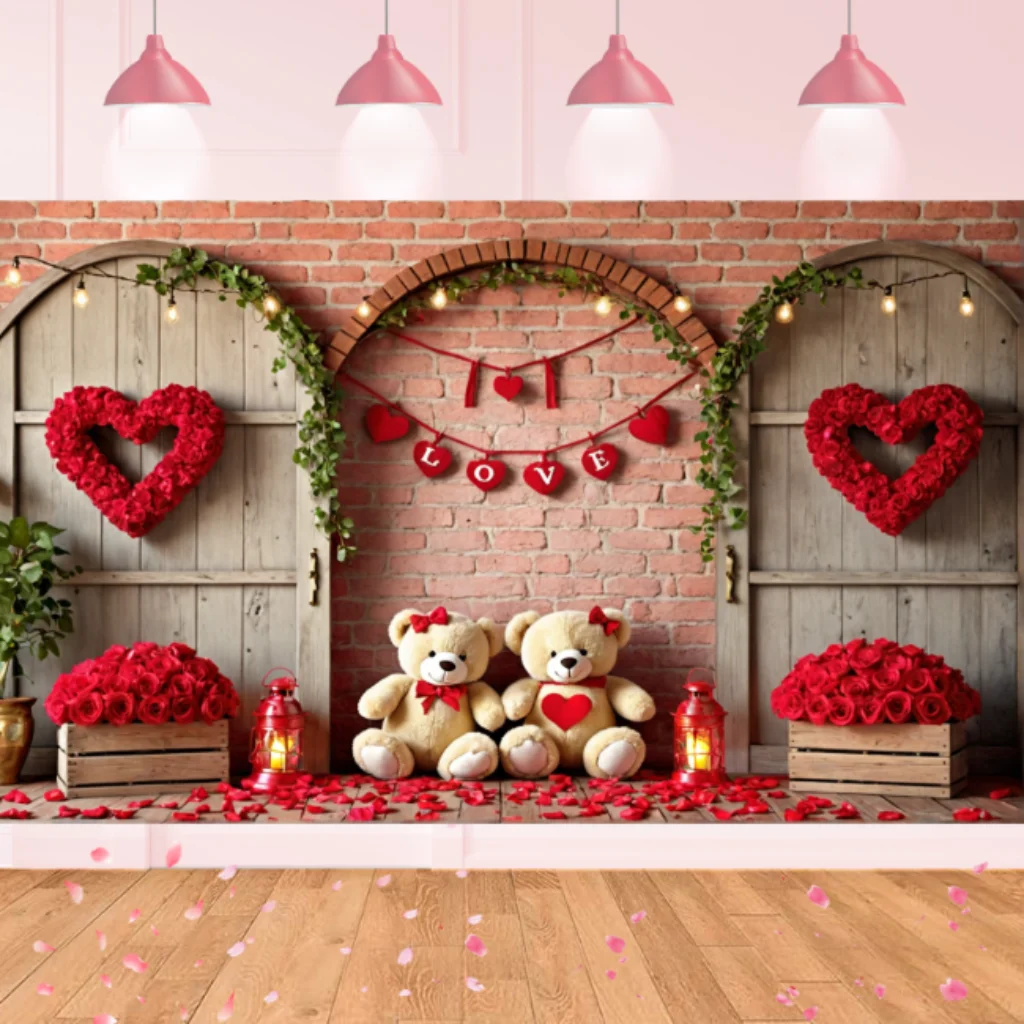 180x110cm Little Bear Banner Heart Valentine'S Day Banner Party Decoration Home Background Wall Painting Backdrop Lovely