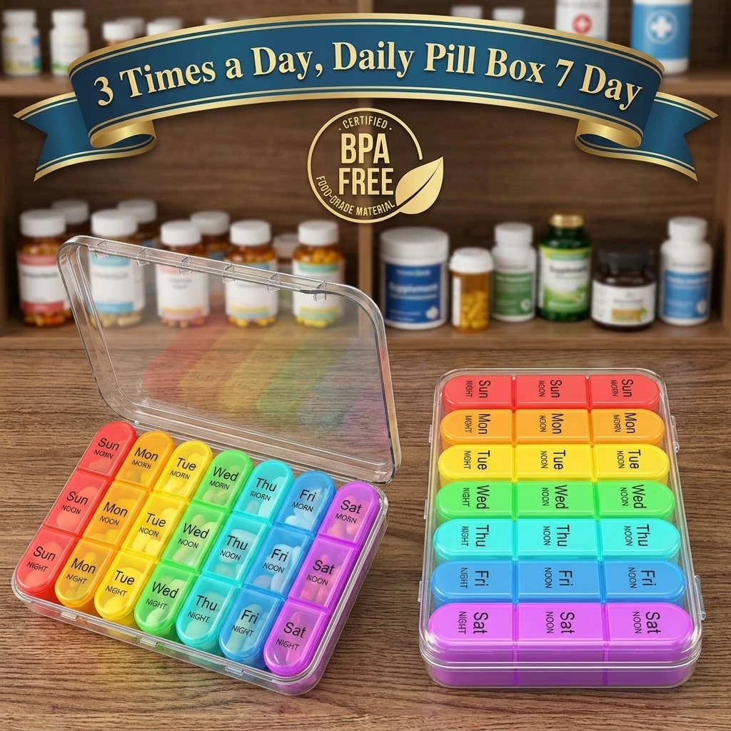 

Pill Organizer Weekly Pill Organizer 3 Times a Day, Pill Box 7 Day, Travel Container Pill Cases to Hold Vitamins and Medication