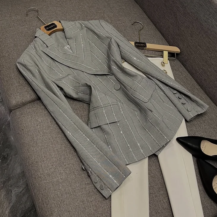 High Quality Lady Stylish Office Wear Notched Long Sleeve Single Button Hot Drilling Women Solid Blazer