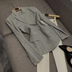 High Quality Lady Stylish Office Wear Notched Long Sleeve Single Button Hot Drilling Women Solid Blazer