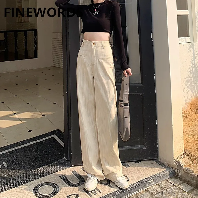 FINEWORDS Vintage Striped Jeans Women Korean Loose Wide Leg Jeans High Waist Streetwear Beige Casual Spodnie Damskie