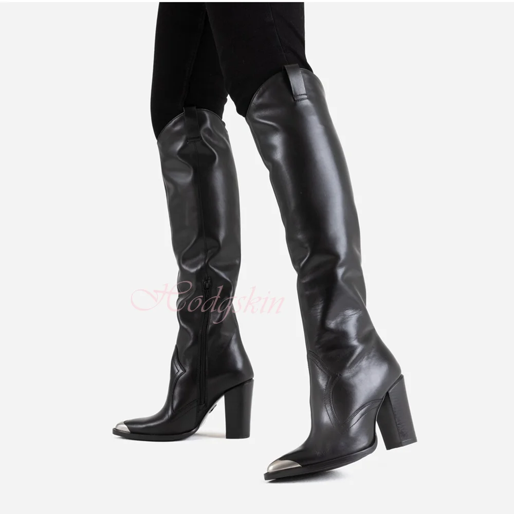 Metal Pointy Toe Boots Knee High Chunky High Heels Solid Leather Slip On Long Boots Women Sexy Shoes Winter Party Designer Black