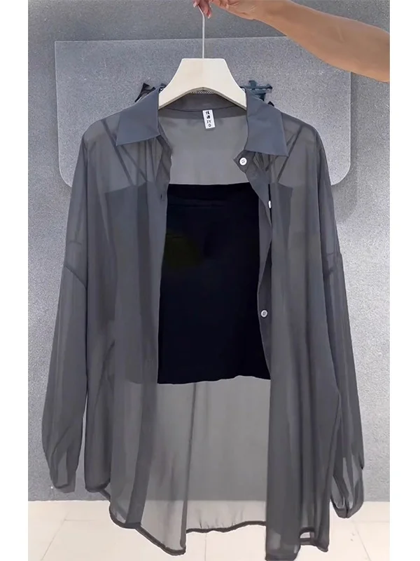 

Sun Protection Ice Silk Chiffon Women's Summer Loose Thin Outerwear Cardigan irt Long Sve Button up Mid-Length Coat