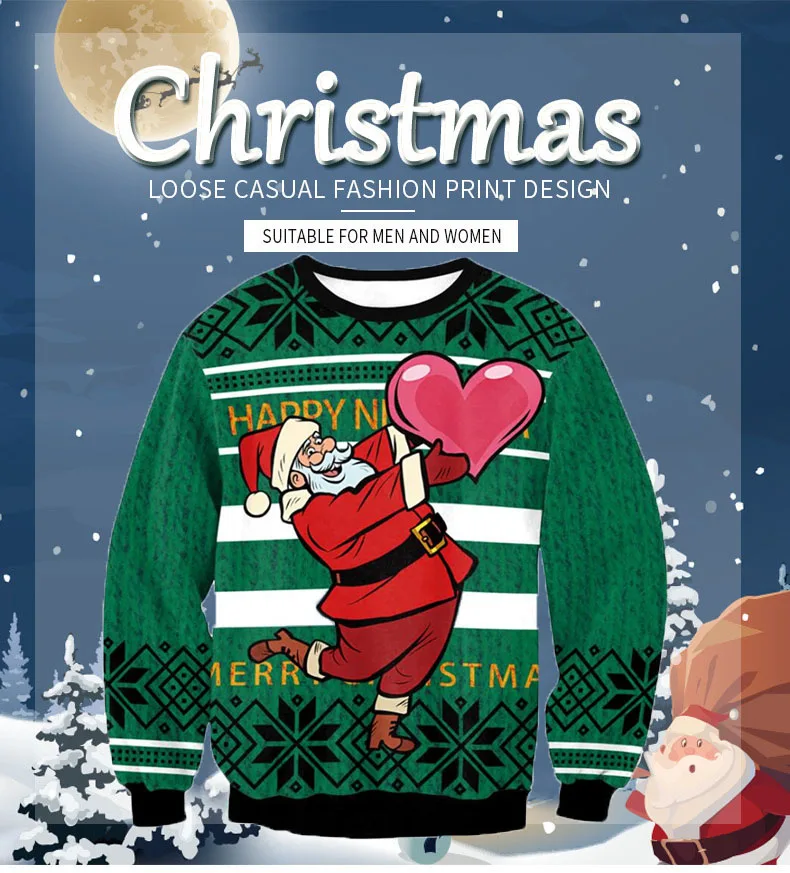 Mężczyźni Kobiety Sylwester Xmas Bluza 3D Zabawny Nadruk Wakacje Impreza Sweter Topy Unisex Pullover Santa Ugly Christmas Sweater