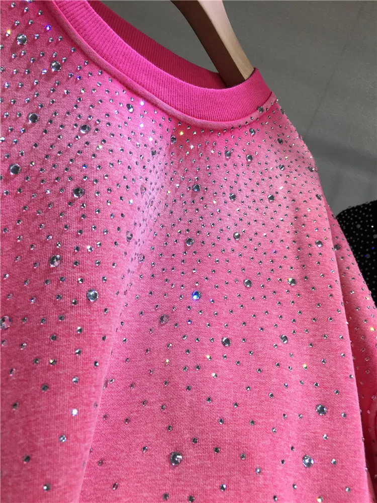 Full Diamonds Rose Pink Female Sweatshirt 2026 New Autumn Gradient Round Neck Mid-long Pullover Top Long Sleeve Casual Hoodies