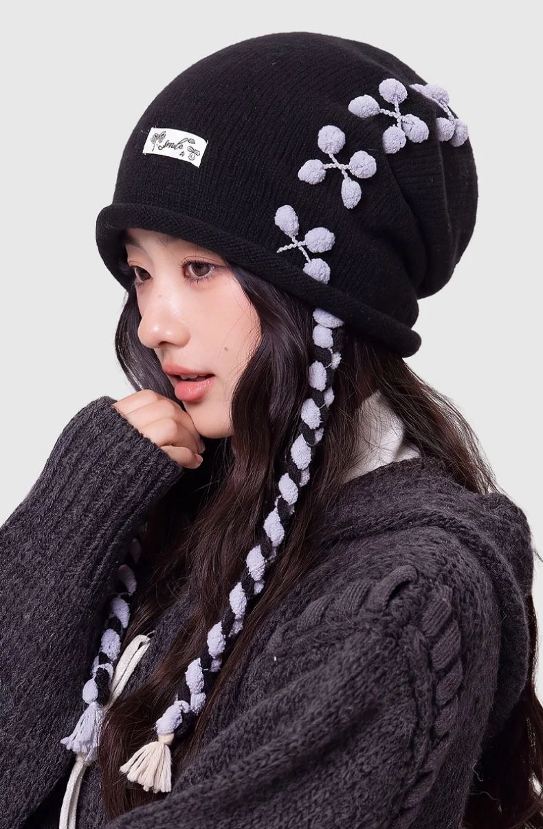 Women's Winter Knit Hat Soft Pom-Pom Tassel Wool Slimming Stretchy Ear-Covering Warm Puffy Beanie.