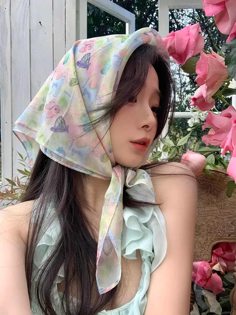 French Floral Headscarf Spring Summer Artistic Chiffon Square Scarf Beach Retro Hair Scarf Women Travel Photo  Accessories