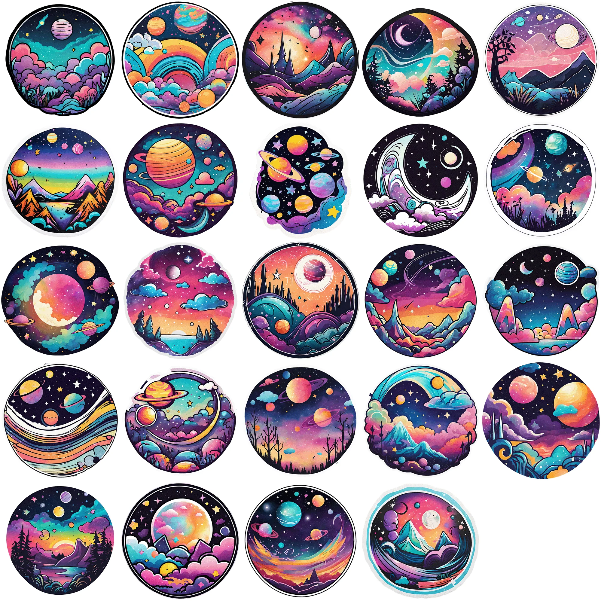 50 pieces of Dreamy Universe Graffiti Circular Stickers Colorful Cartoon  Stickers Set for Creative DIY Projects