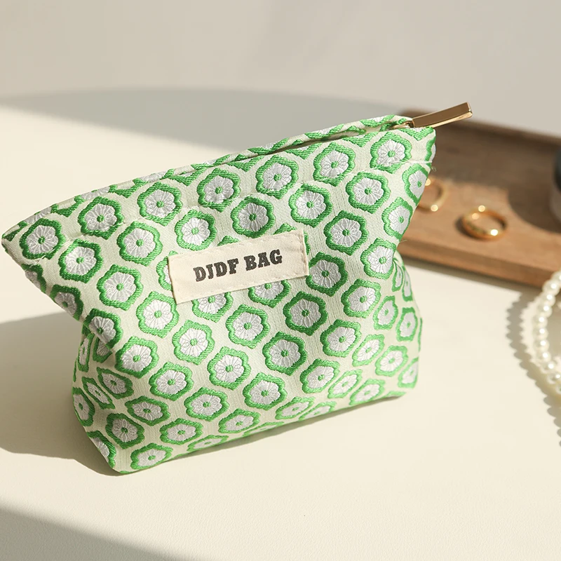 Cosmetic Bag Women\'s Small Green Window Flower Portable Coin Purse Cosmetic Lipstick Air Cushion Storage Bag Commuter Clutch Bag