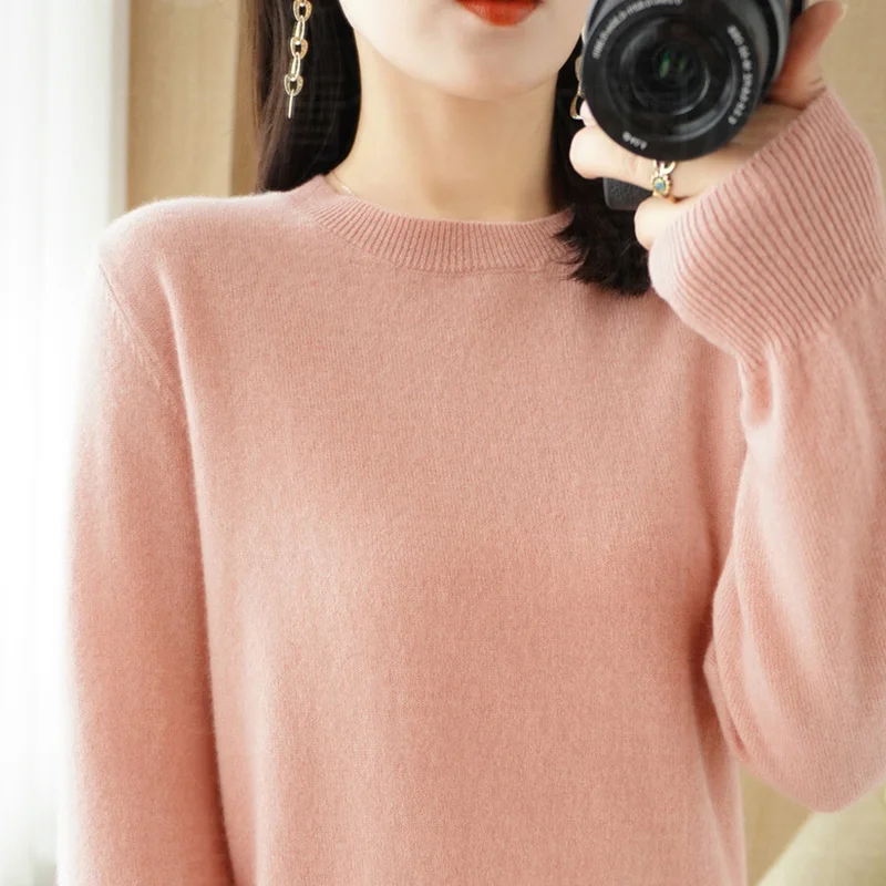 Pull à col rond pour femme, chemise à manches longues, haut tendance, document solide, automne et hiver, nouveau