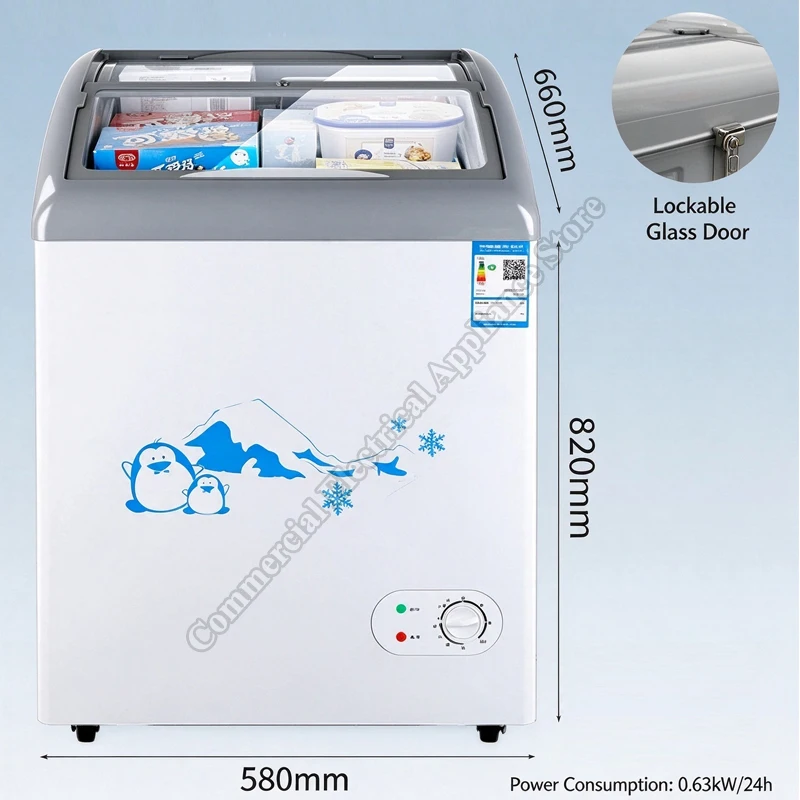 148L Freezer Ice Cream Display Cabinet Lockable 10 ~ -24℃ Transparent Glass Door Commercial Household Freezer