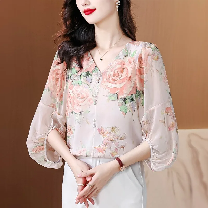 

Vintage Women's Blouses Printed Casual Shirts Fashion Loose Summer Clothing Long Sleeved Chiffon V-neck Women Tops