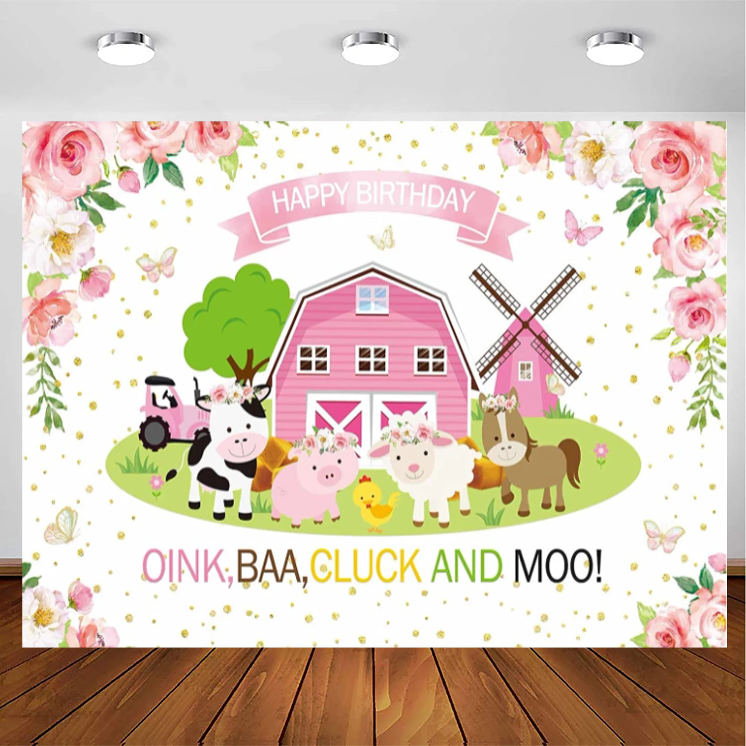 

Pink Floral Farm Happy Birthday Backdrop For Girl Kids Barn Animals Cow Flower Barnyard 1st First Bday Party Decor Background