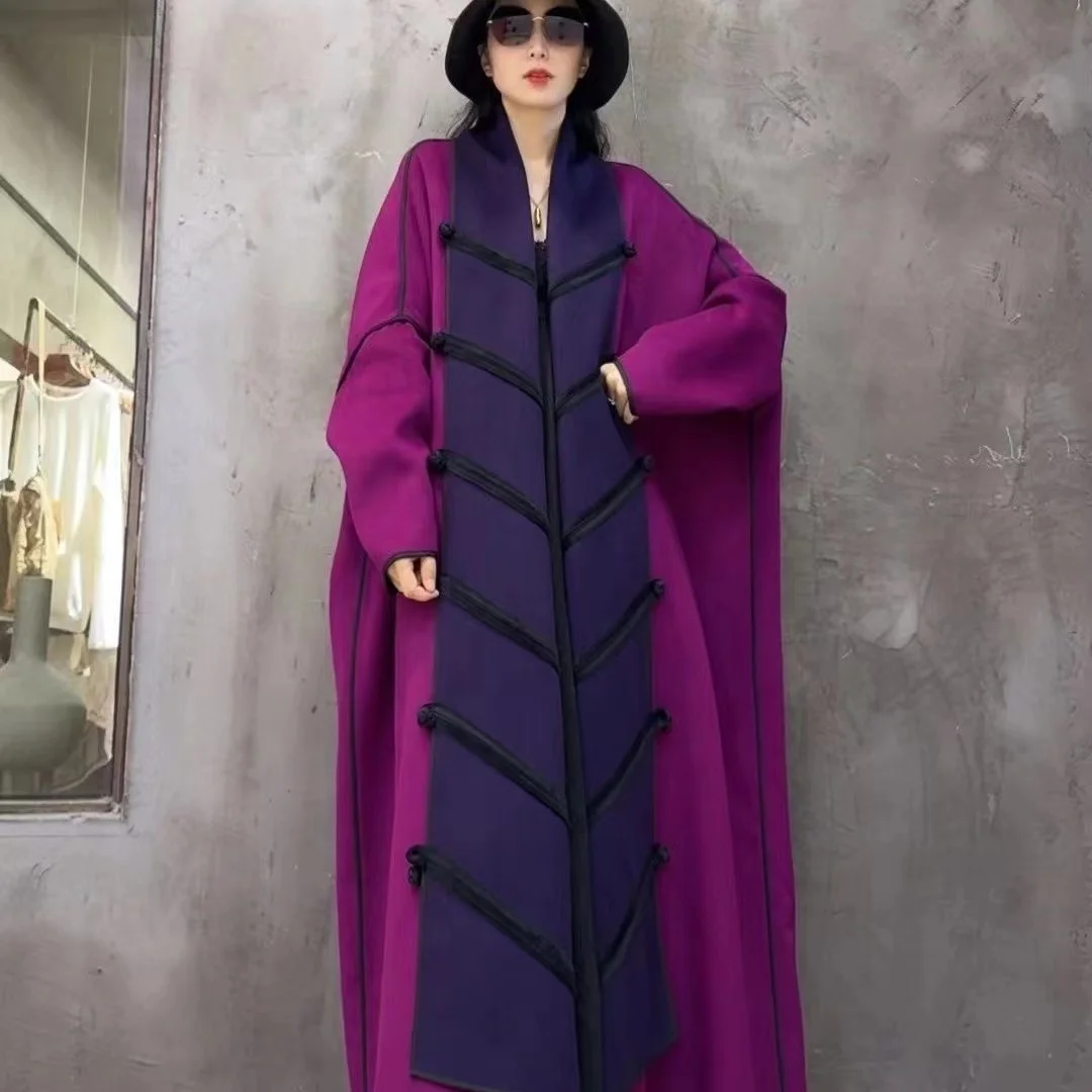 Vefadisa 2024 Autumn New Purple Disc Buckle Design Women Trench Coat V-neck Long Sleeve Long Coat Temperament Loose Coat ZXY77A