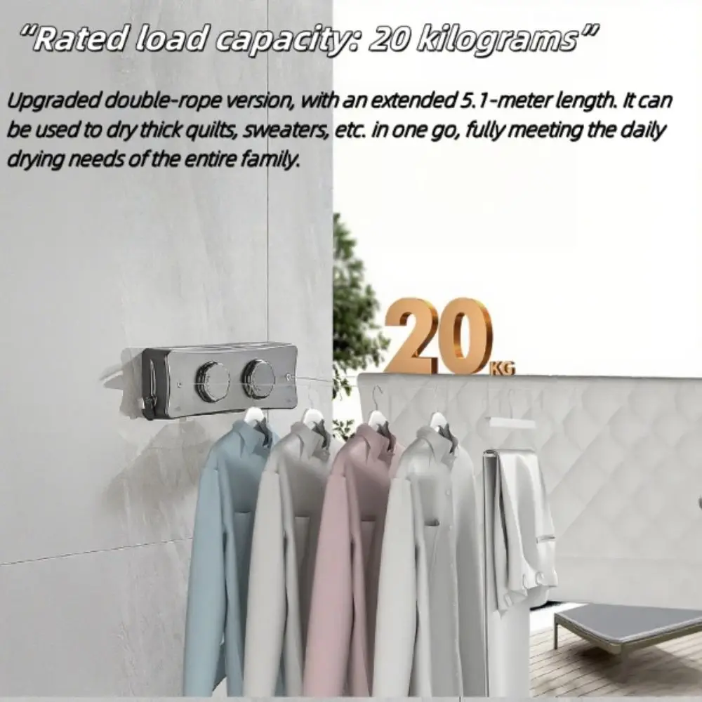Stainless Steel Retractable Clothesline Adjustable Length Heavy Duty Indoor Clothesline 5.1 Meters Length Double Layer