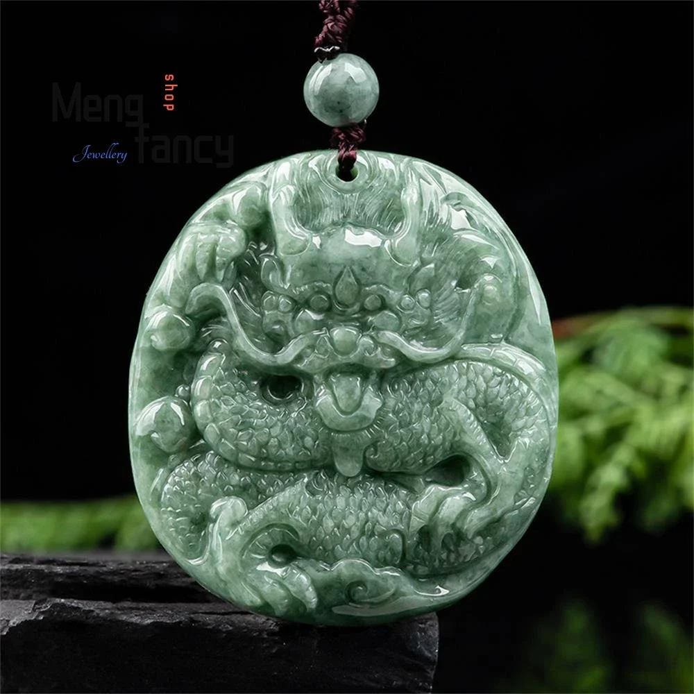 

Natural A-goods Jadeite Bean Green Antique Overbearing Attract Wealth Zodiac Dragon Jade Pendant Exquisite Fashion Fine Jewelry