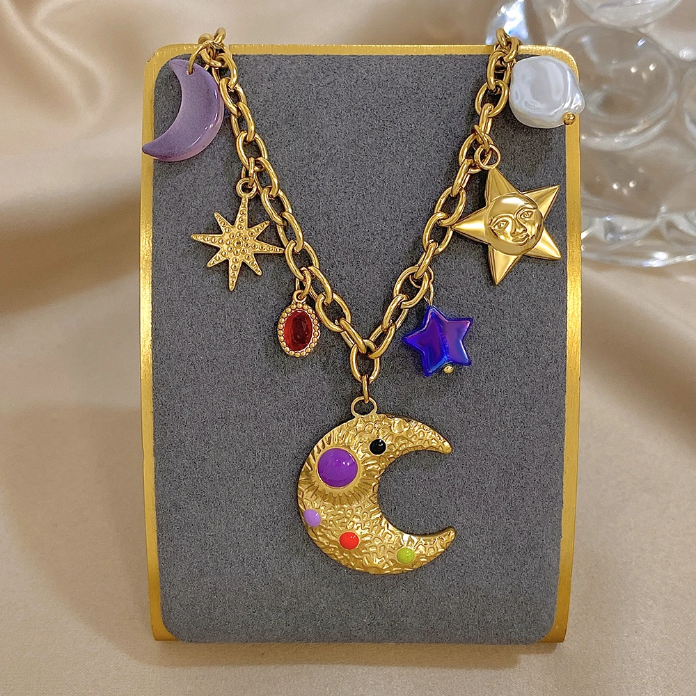 

DODOHAO Colorful Acrylic Moon Star Pendant Necklaces For Women Pearl Necklaces Vintage Ethnic Fashion Stainess Steel Jewelry