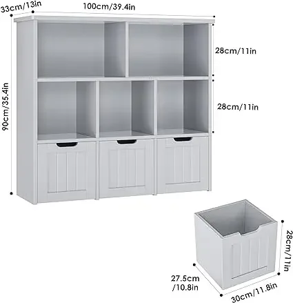 Toy Storage Organizer with 3 Movable Drawers, Floor Storage Cabinet Toy Chest with Hidden Wheels and 5 Storage Cubbies