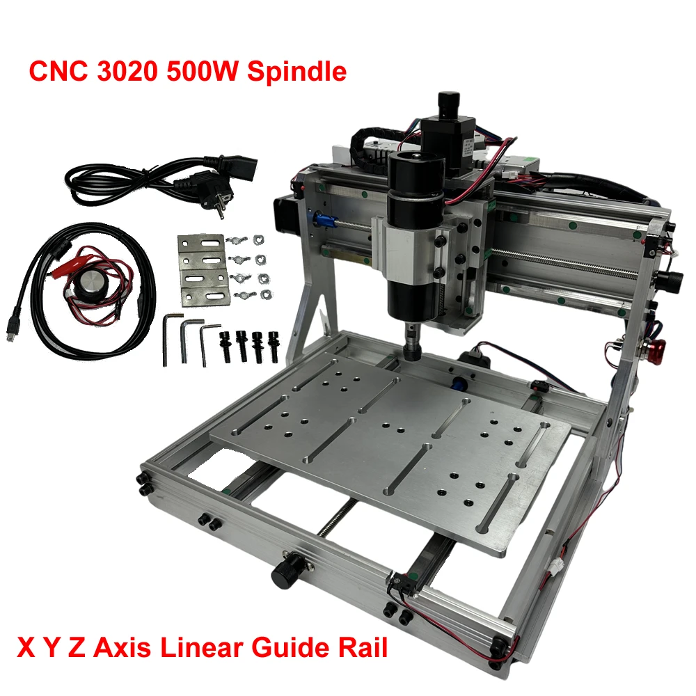 Linear Guide Rail Aluminum CNC Router 3020 Engraving Machine 500W Spindle Motor Limit Switch E-stop PCB Milling Machine GRBL