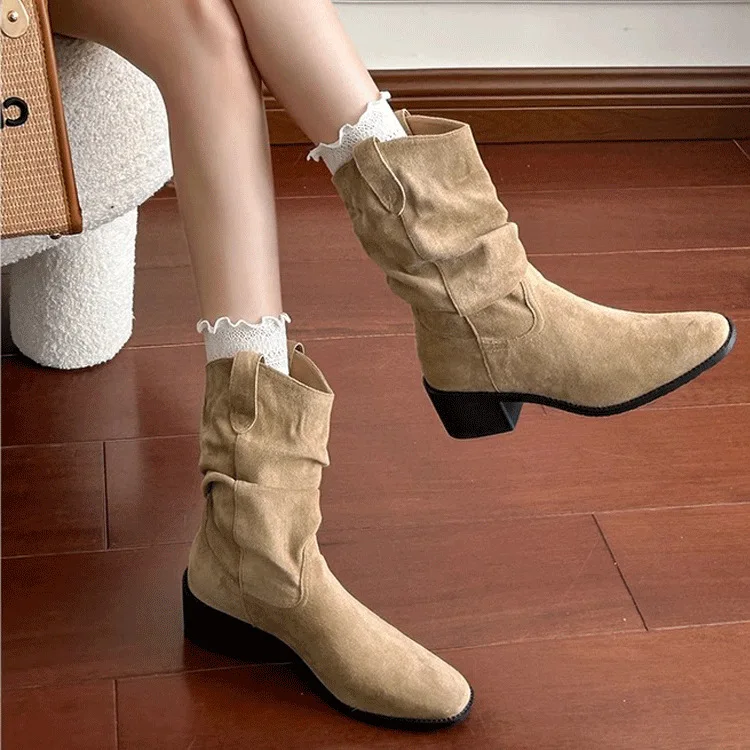 Botas de vaquero del oeste para mujer, botas de tubo medio Retro versátiles para Cosplay, mangas de tacón alto, botas informales para fiesta de Halloween 2025