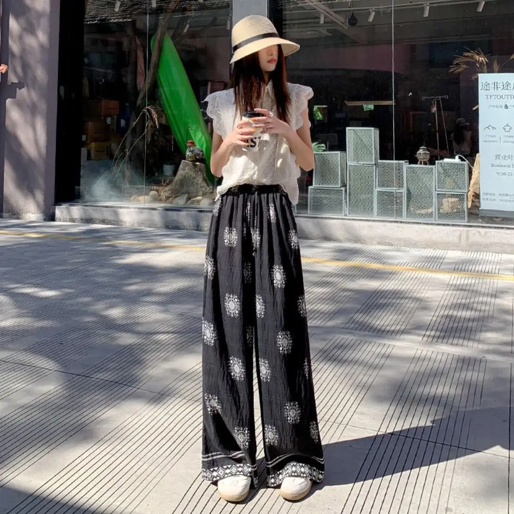 Boho Printed Long Pants Thin Bkack White Women's Wide Leg Trousers Laziness Drooping Sensation Straight-Leg Pants Spring Summer