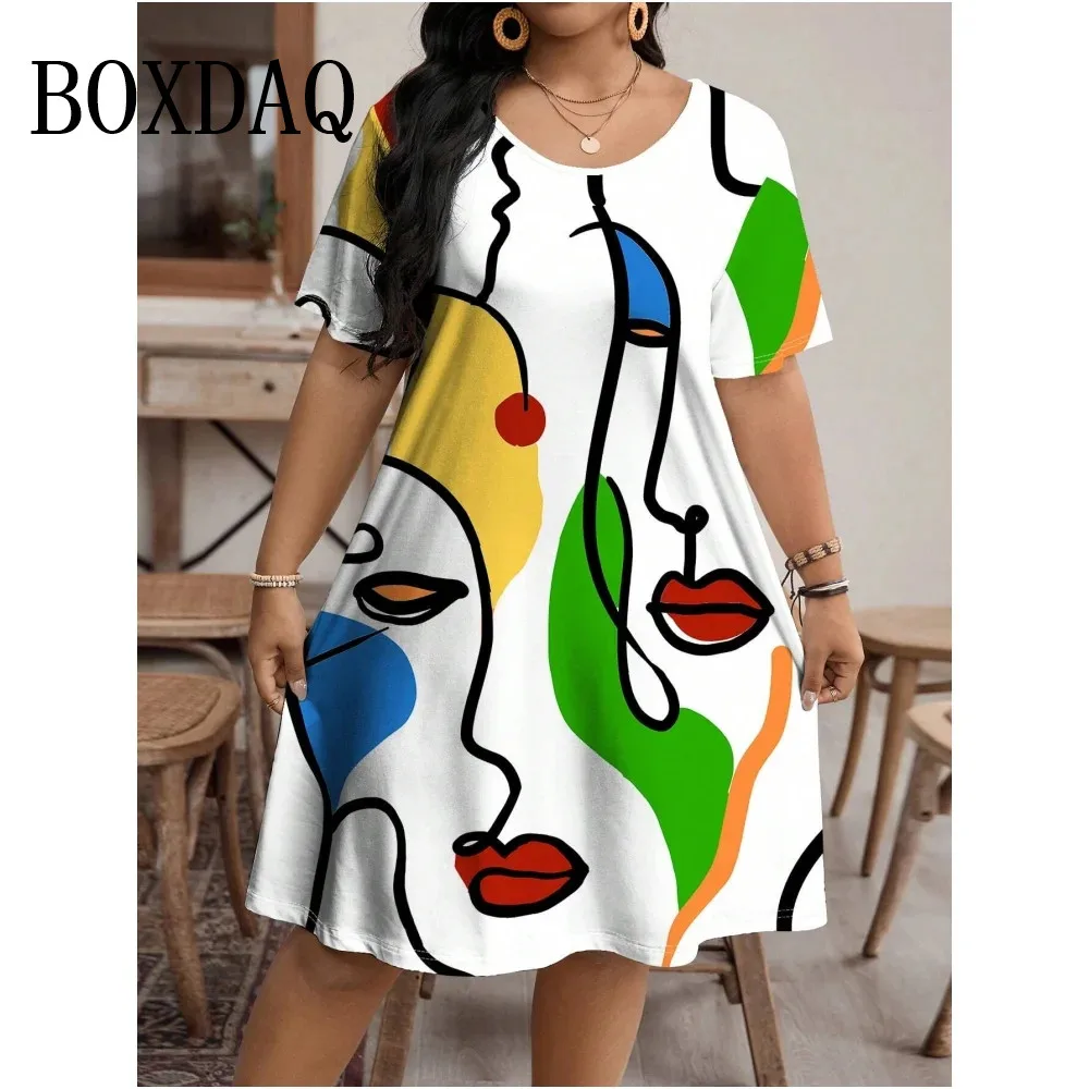 2024 Fashion Women Dress Painted Art Face Streetwear Pattern Print Summer Dress Casual Short Sleeve Loose Dresses Plus Size 9XL