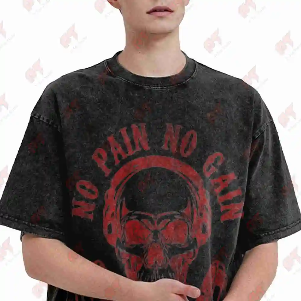No Pain No Gain Skull Dumbbells Vintage Washed Tee Pure Cotton T-Shirt