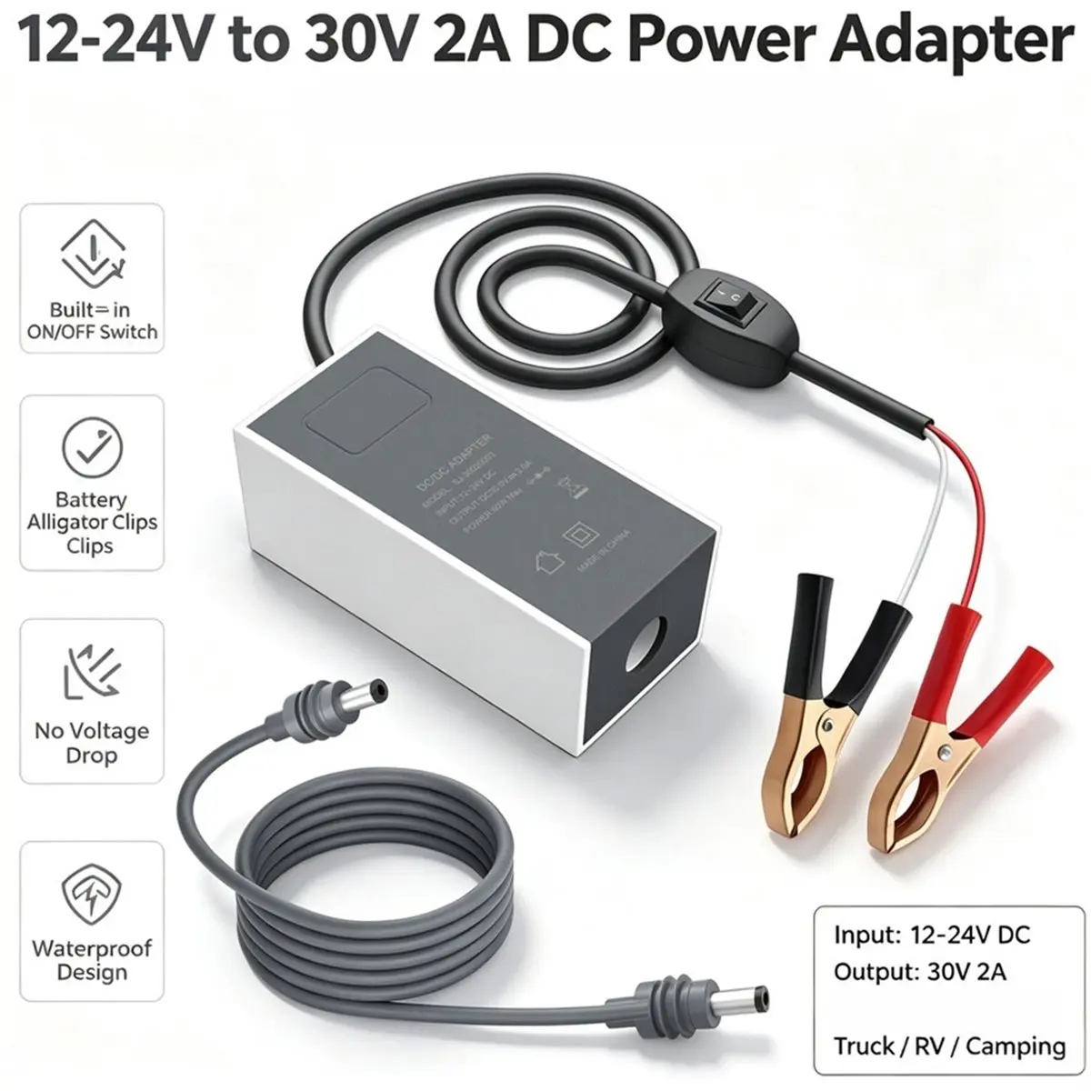 For 12V/24V Boost 30V 2A DC Booster Adapter Car Alligator Clip Power Adapter with 18AWG Cable
