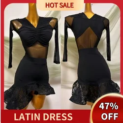 New Latin Dance Dress For Women Long Sleeved Mesh Jumpsuit Fishbone Lace Skirt Suit Chacha Rumba Tango Latin Clothing DQS15004