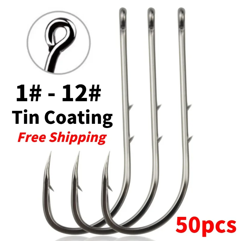 50pcs Long Handle Barbed Fishing Hook High Carbon Steel Offset Trolling Live Back Thorn Accessories Tackle Tools Equipment