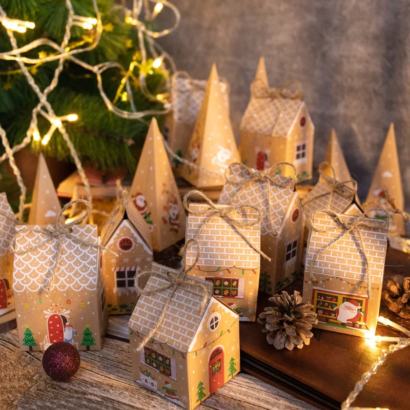 Christmas Gift Boxes Advent Calendar Gingerbread House Paper Box Xmas New Year Party Packaging Supplies Package Bags 24pcs Mixed