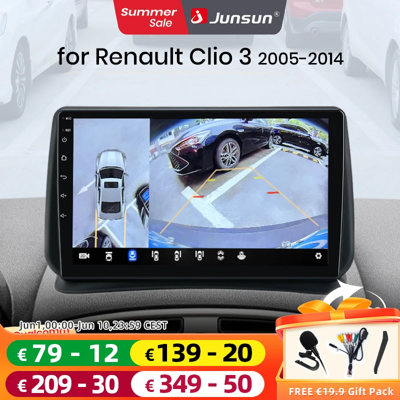 Autoradio Junsun Qualcomm 8 cœurs avec caméra 360°, CarPlay sans fil et Android Auto en option, pour Renault Clio 3 2005-2014, Systèmes multimédia GPS 2 DIN, Stéréo GPS, Commandes au volant (SWC),