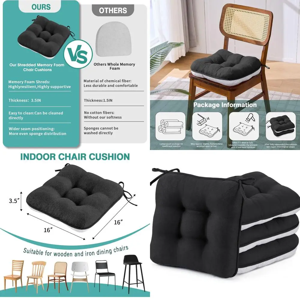 

Set of 4, 16x16x3.5 Thick Dining Chair Cushions with Ties, Non-Slip, Black for Kitchen, Dining Room, and Patio
