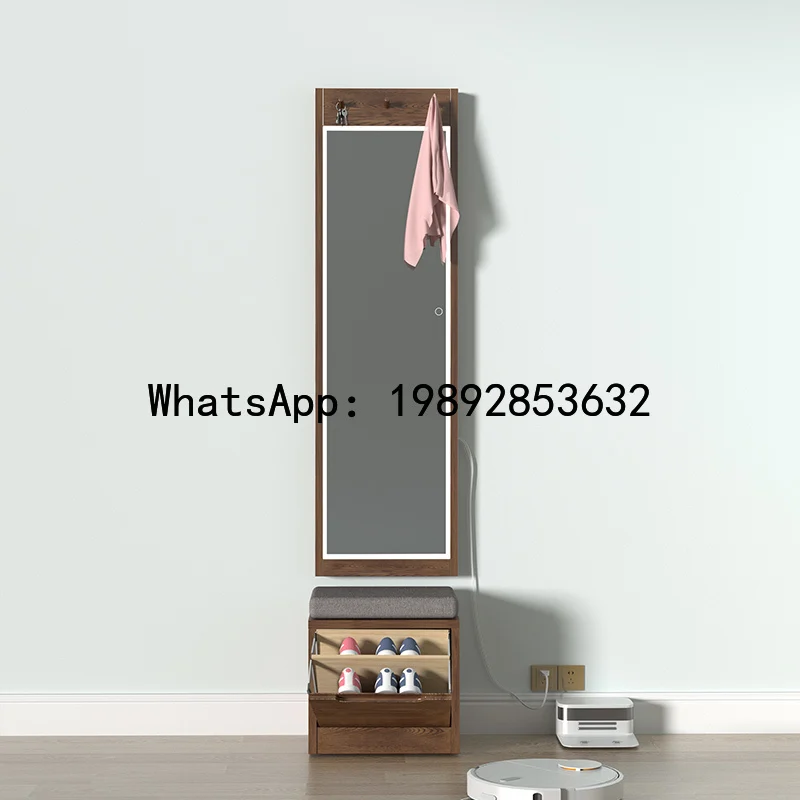 XL Solid Wood Shoe Changing Stool with Multifunctional Mirror Integrated Household Doorway Flip Bucket Stool Oak