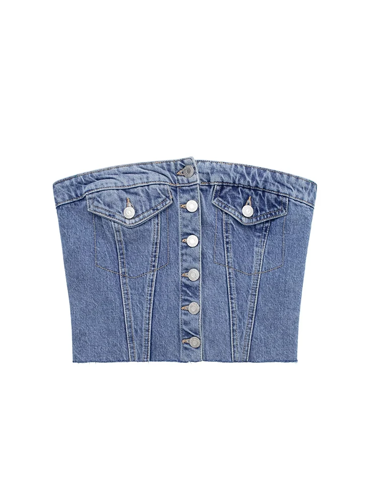 ZACK RAIN Women Blue Denim Buttoned Bandeau Top 2022 Ladies Sexy Tops High Street Fashion Vintage Slim Female Chic Short Tops