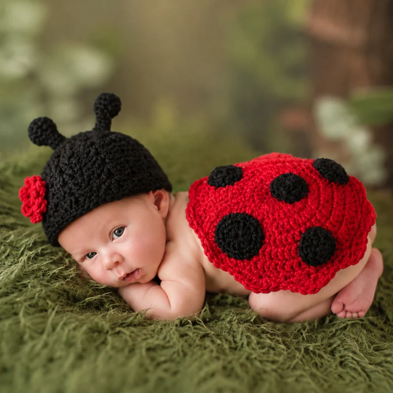 Cute Ladybug Newborn Photography Outfit 2Pcs Knitted Insect Costume Baby Photoshoot Props Gender Reveal Gift