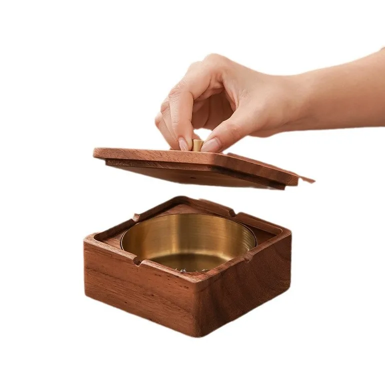 Walnut Square Covered Ashtray Anti Fly Ash Household Office Solid Wood Ashtray