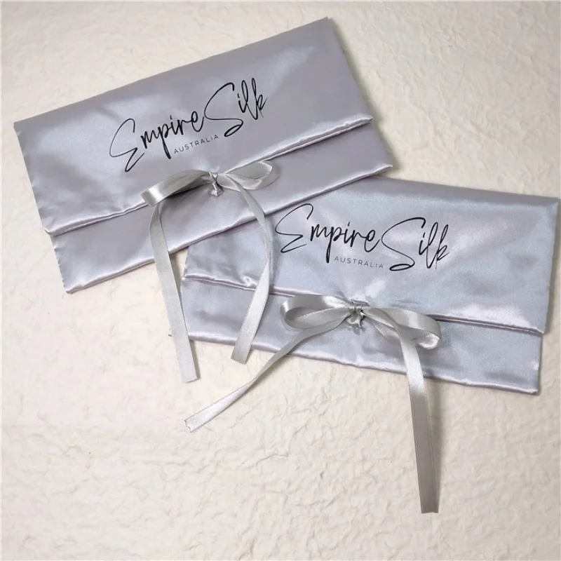 custom.Custom Silver Black Silk Satin Envelope Flap Jewelry Pouch Satin Silk Dust Bags With Ribbon Tie