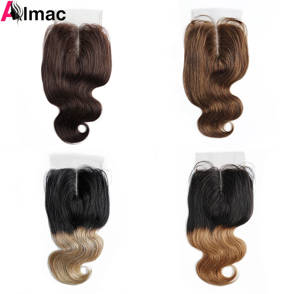 4*1 T Bagian Tubuh Gelombang Renda Penutupan Ombre Madu Pirang Warna Alami Remy Rambut Manusia India Cahaya Coklat Swiss Renda Bagian Tengah