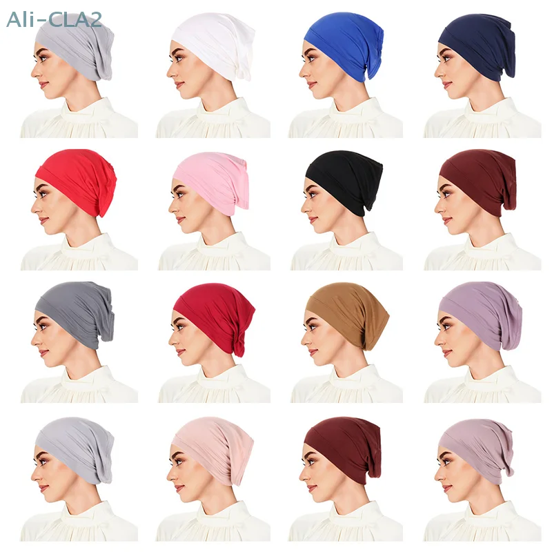 Muslim Women Stretch Turban Hijab Headscarf Solid Malaysian Hat Arabic Skullcap